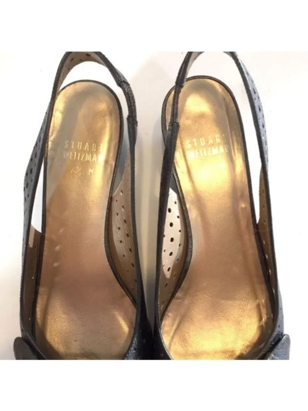 Stuart Weitzman Womens Gray Perforated Leather Wedge Heels Slingback size 6.5